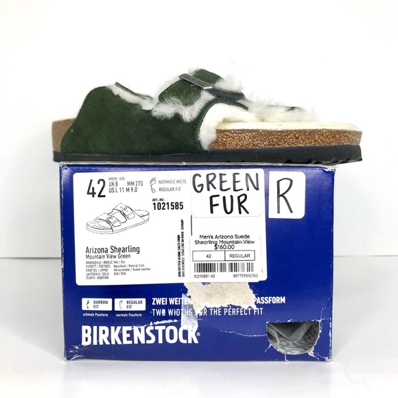 NIB Birkenstock Arizona Suede Shearling Fur Mountain View Green Sandals Shoes - Picture 10 of 11